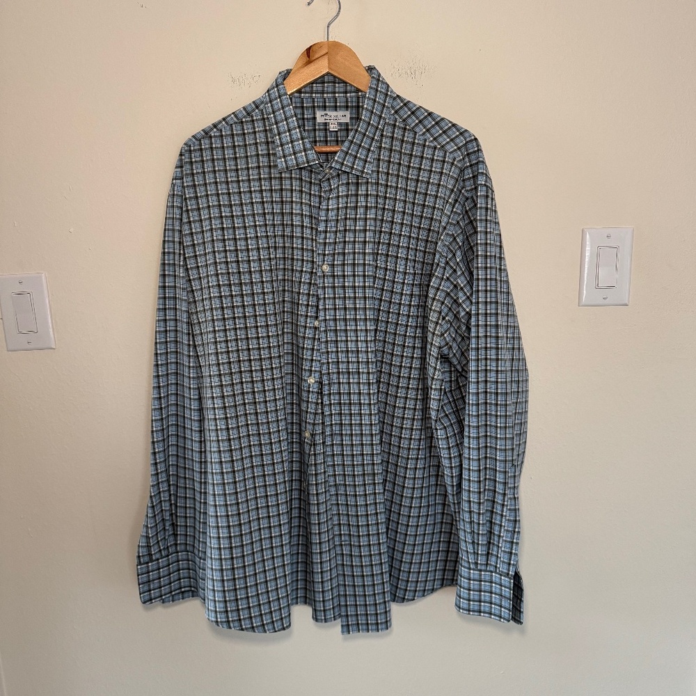 Peter Millar Summer Comfort Button Down Shirt Men's XXL Blue Grey Plaid Stretch